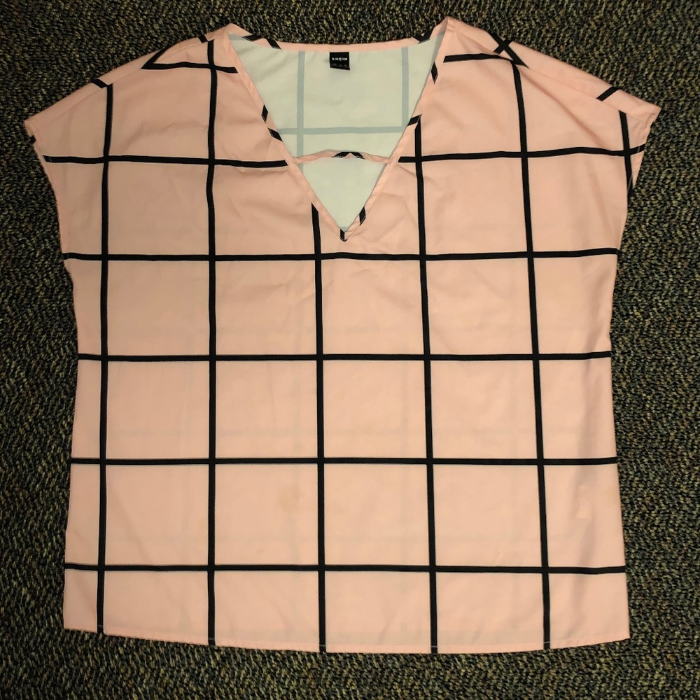 NWOT SHEIN Windowpane Plaid V Neck Blouse (Medium)